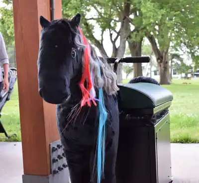 Black MiraColt mechanical horse set up outdoors for a Mane Motions community visit